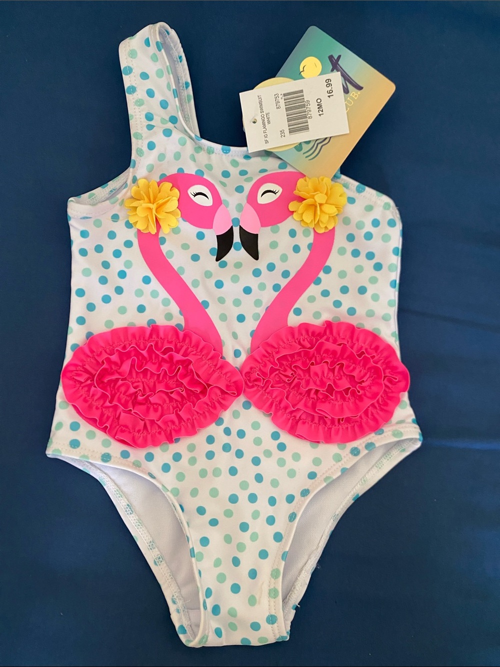 Kids Flamingo Ruffle One-Piece Swimsuit - Pink & Aqua Polka Dot
